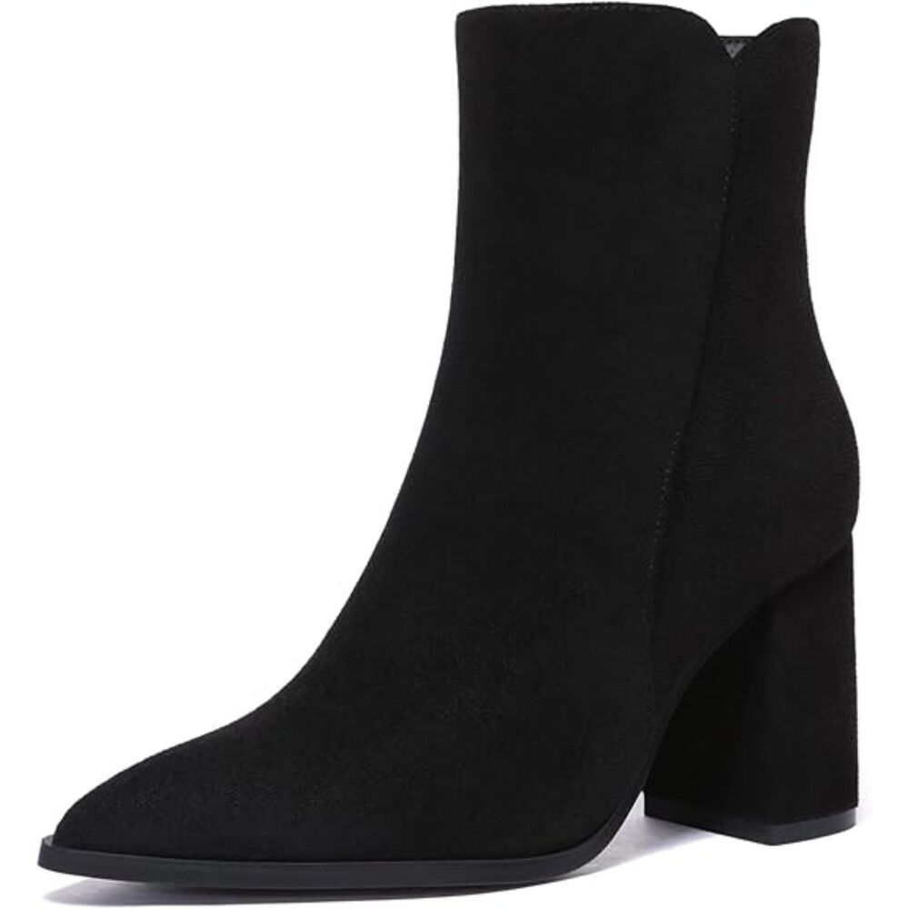 Women's Black Fashion Pointed Toe Chunky Block Heel Side Zipper Short Ankle Boot
